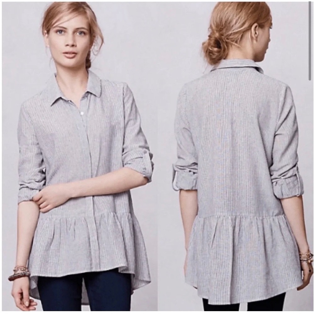 Sunday in Brooklyn Anthropologie Striped Peplum Button Down Tunic Blue White S